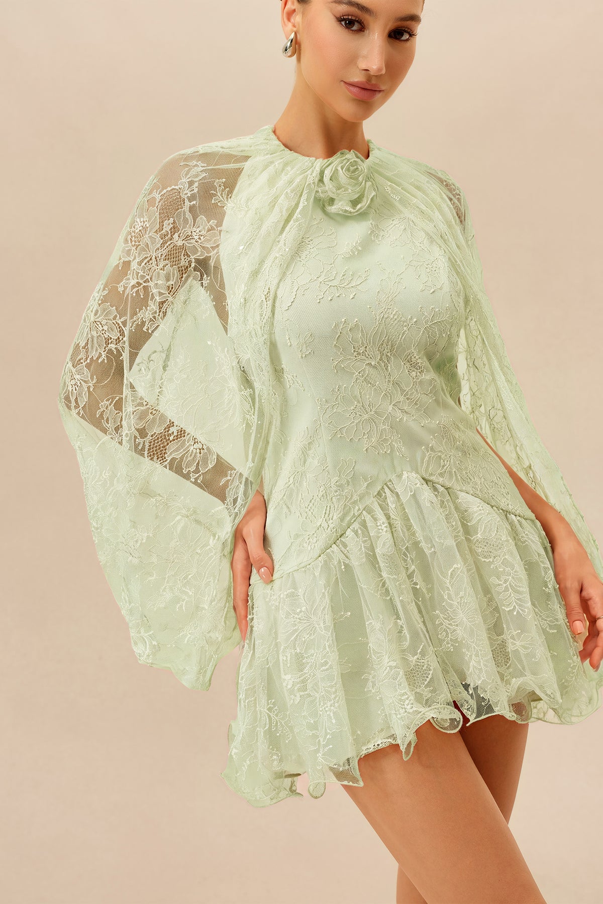 Light Green Lace Mini Dress with Cape Sleeves - view 3