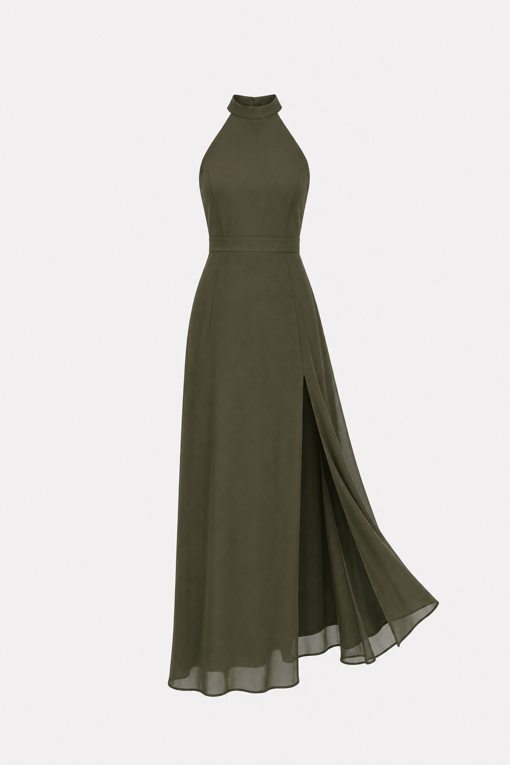 Green Mock Neck Chiffon Maxi Dress, Side Slit