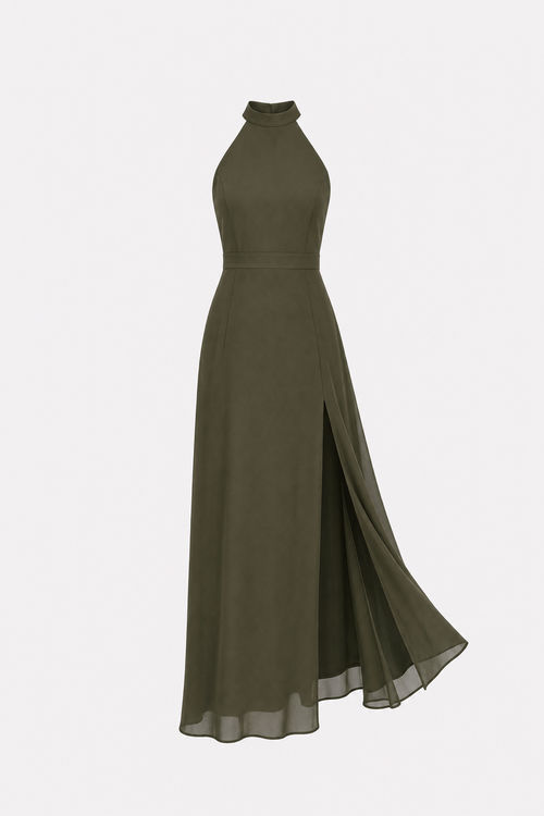 Green Mock Neck Chiffon Maxi Dress, Side Slit