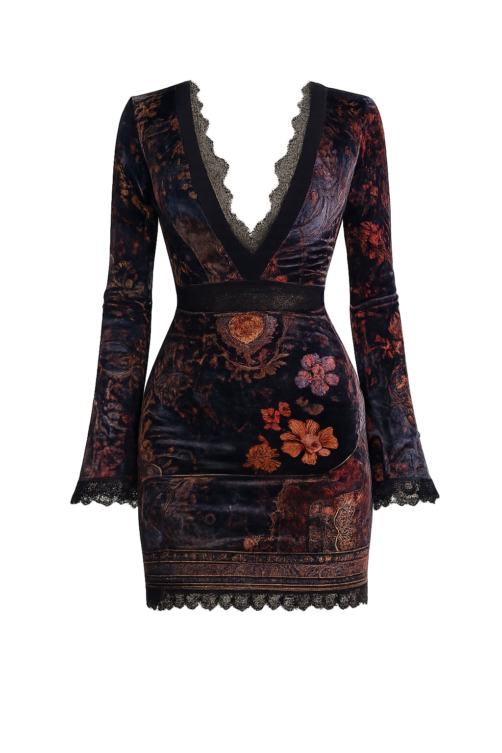 Velvet Mini Dress With Lace Trim V-Neck - 1