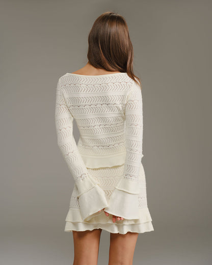 Beige Ribbed Knit Top with Ruffled Bell Sleeves - view 3