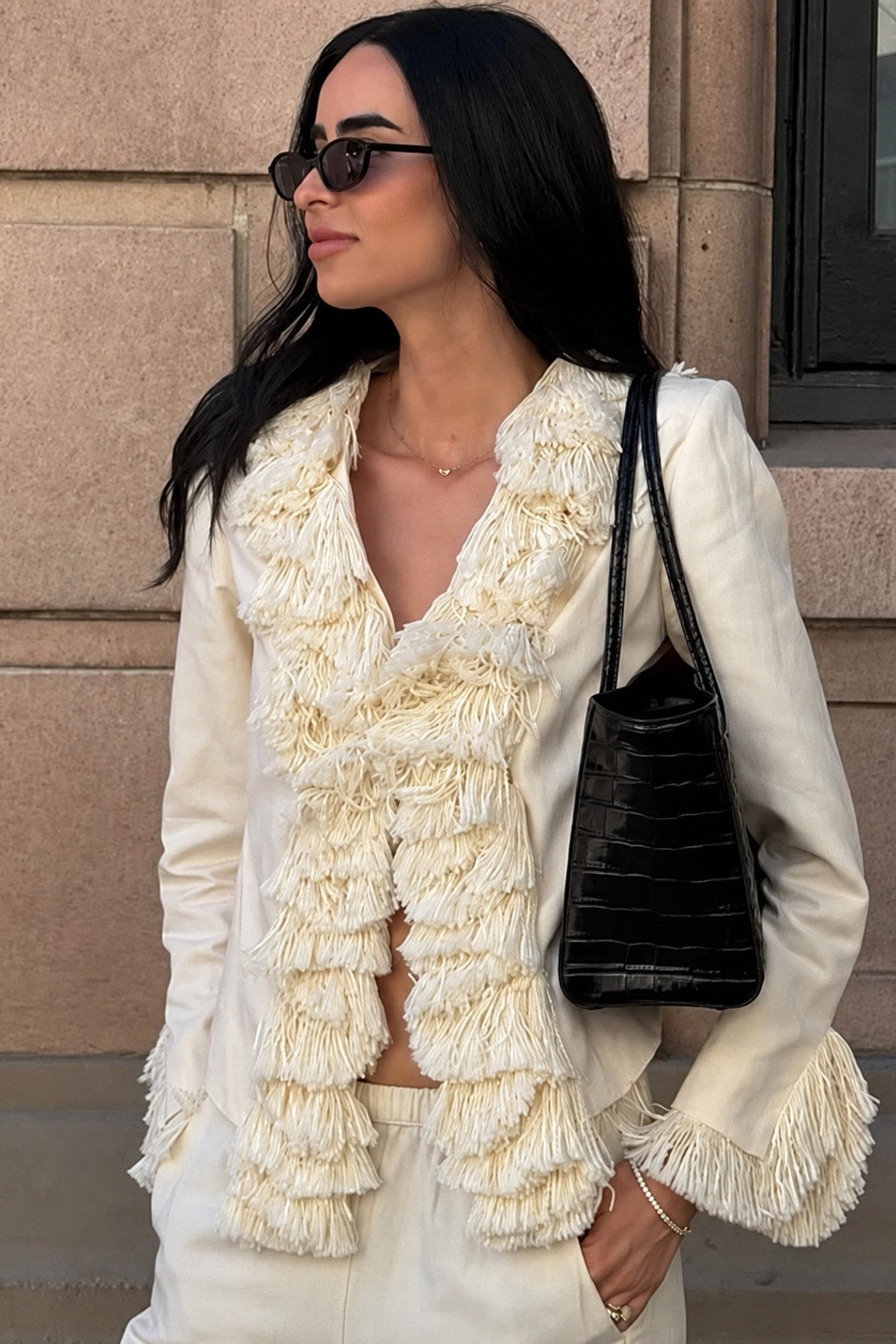 Polyester Blazer Jacket With Puff Sleeves And Tassel Detail - 4