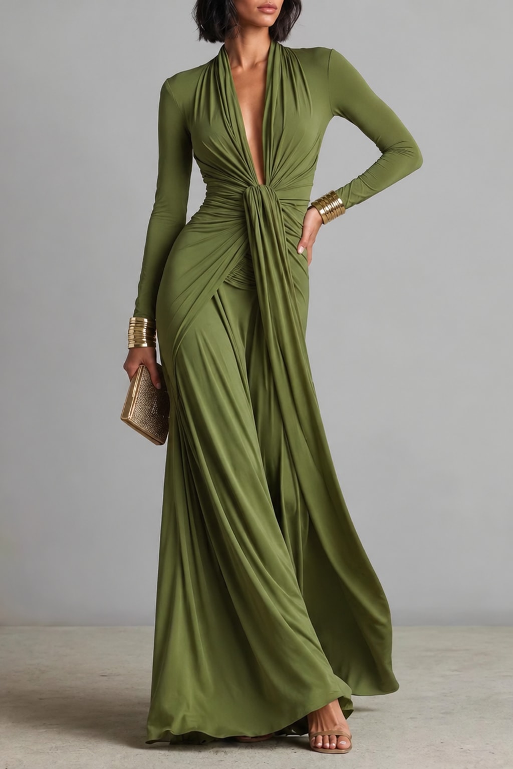 Polyester Maxi Dress V-Neck Wrap Gown - 4