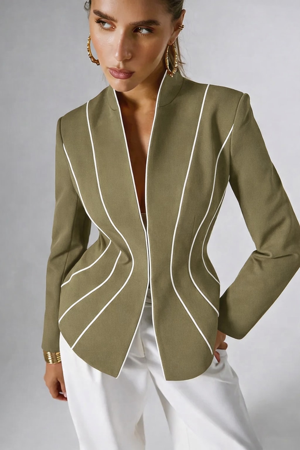 Polyester Slim Fit Black Blazer With White Piping - 6
