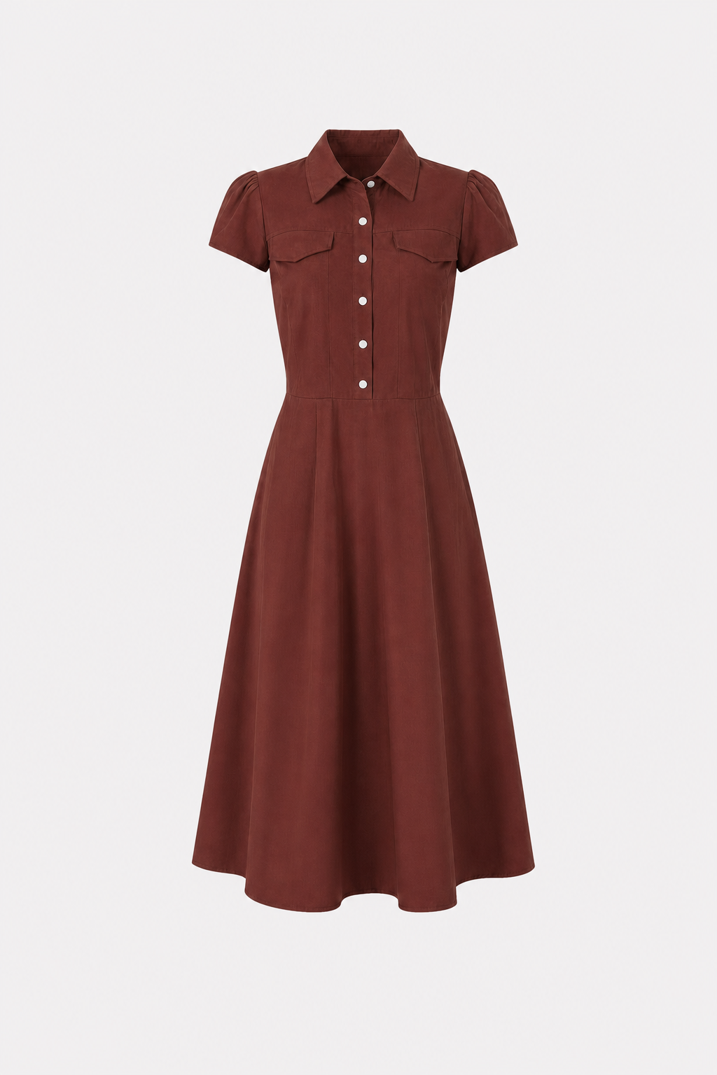 Red cotton midi dress with collar, buttons and pockets