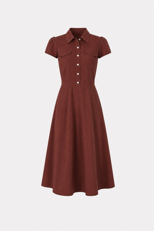 Red cotton midi dress with collar, buttons and pockets