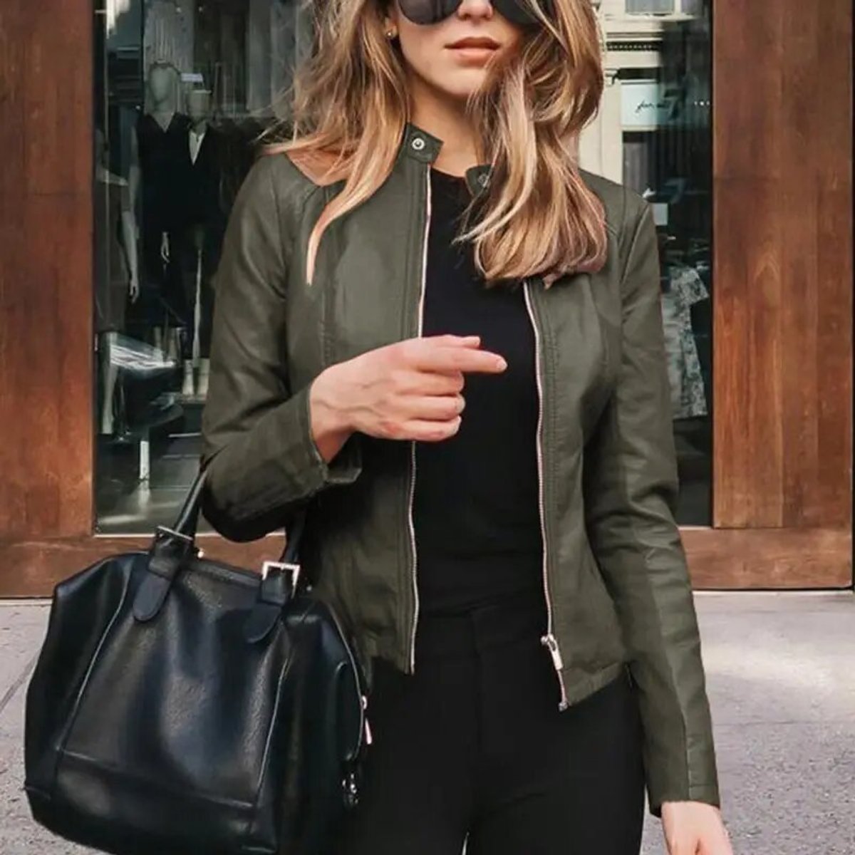 Faux Leather Moto Jacket with Band Collar - view 6