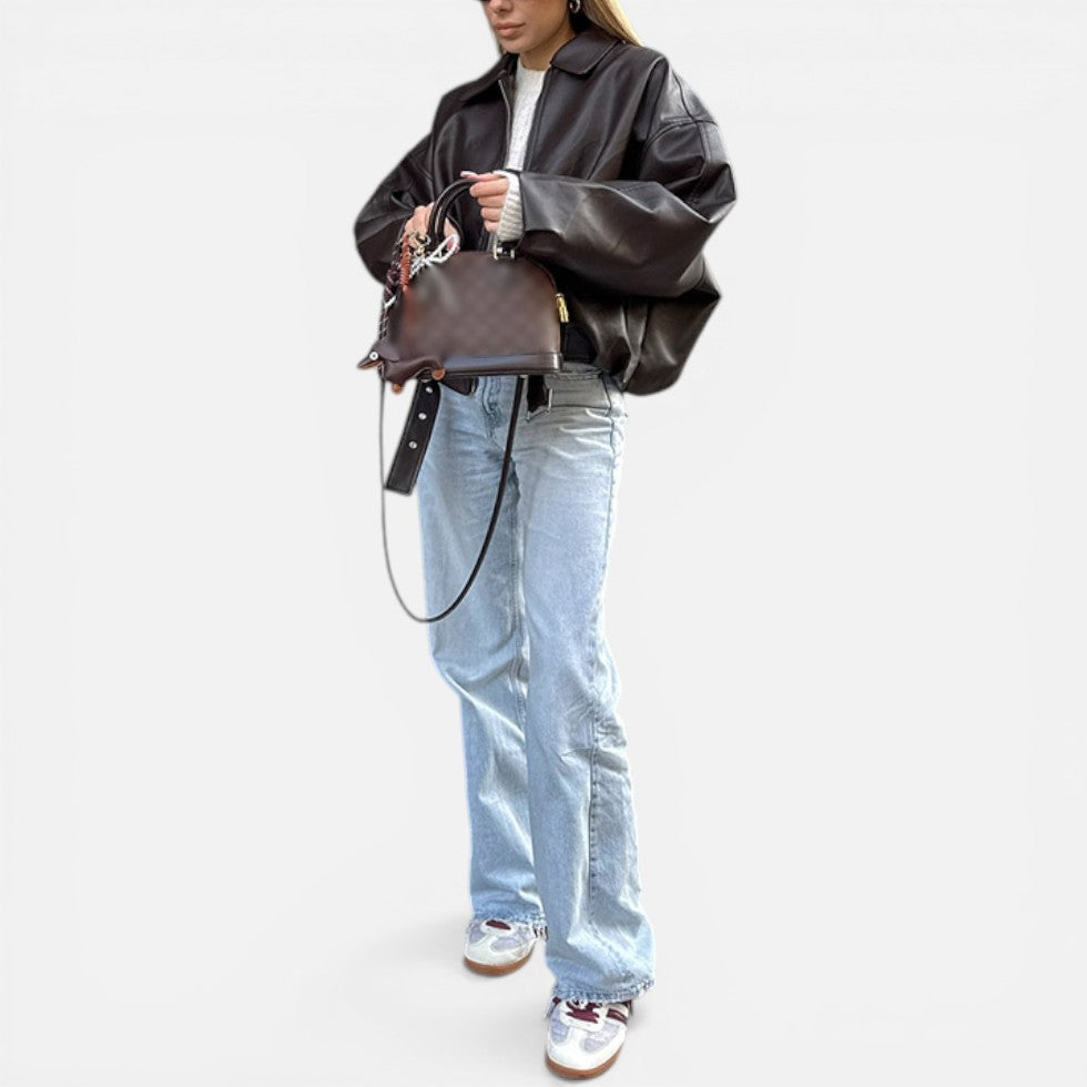 Faux Leather Bomber Jacket with Belted Waist - view 4