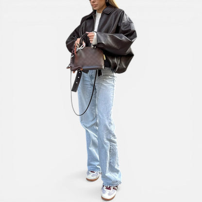 Faux Leather Bomber Jacket with Belted Waist - view 4