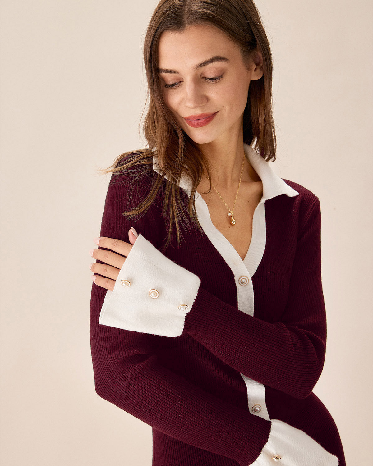 Wine red ribbed sweater dress with contrast trim - view 5