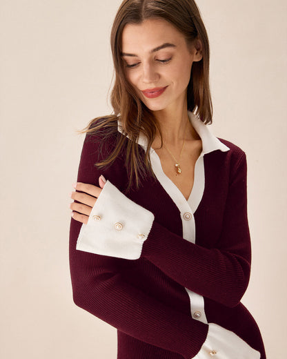 Wine red ribbed sweater dress with contrast trim - view 5