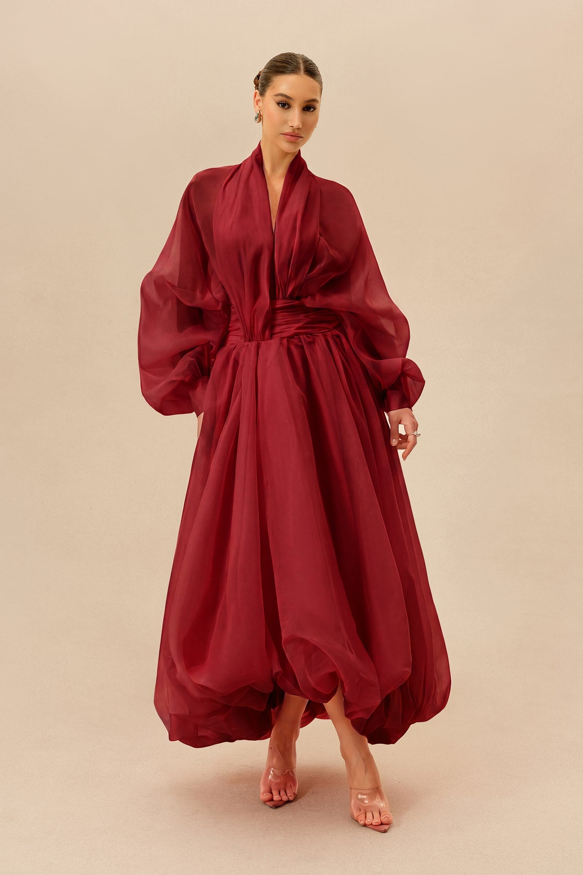Organza Puff Sleeve Maxi Dress in Red - view 2