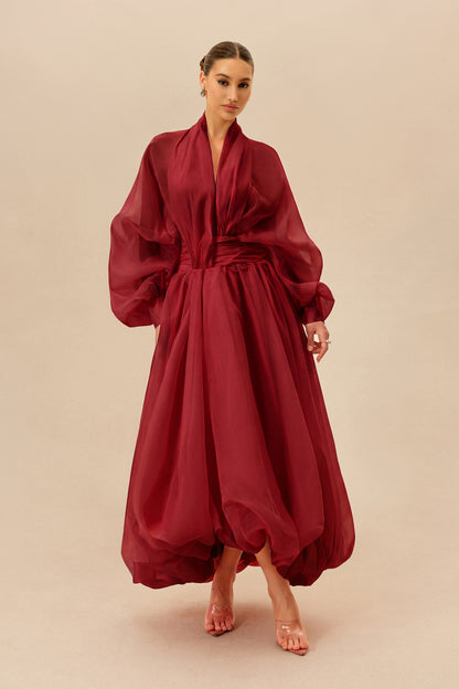 Organza Puff Sleeve Maxi Dress in Red - view 2