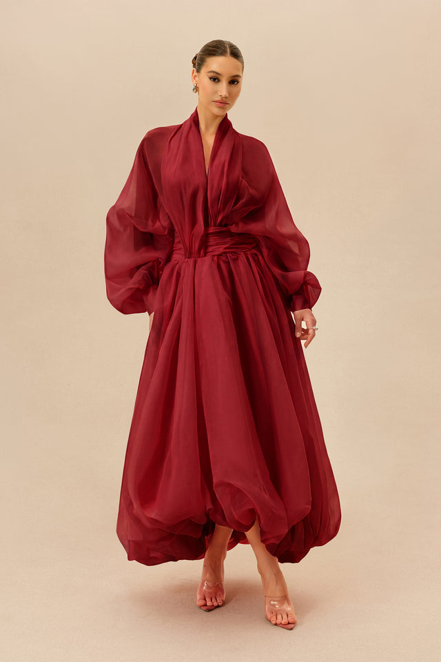 Organza Puff Sleeve V-Neck Maxi Dress - 2