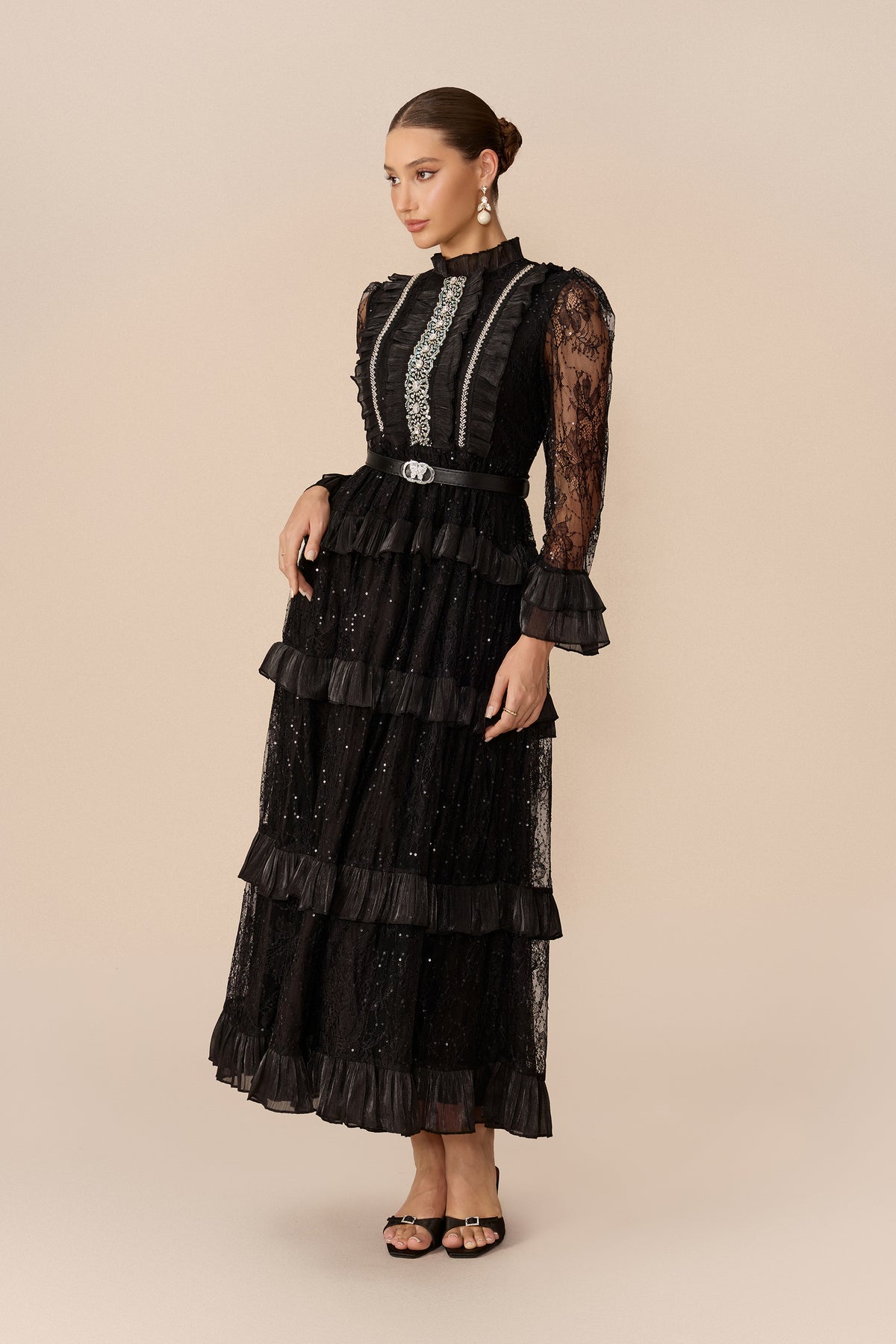 Belted Tiered Ruffle Lace Maxi Dress - view 5
