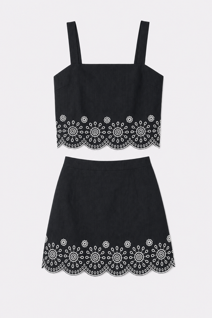 Scalloped Embroidered Cotton Blend Skirt Set - view 5