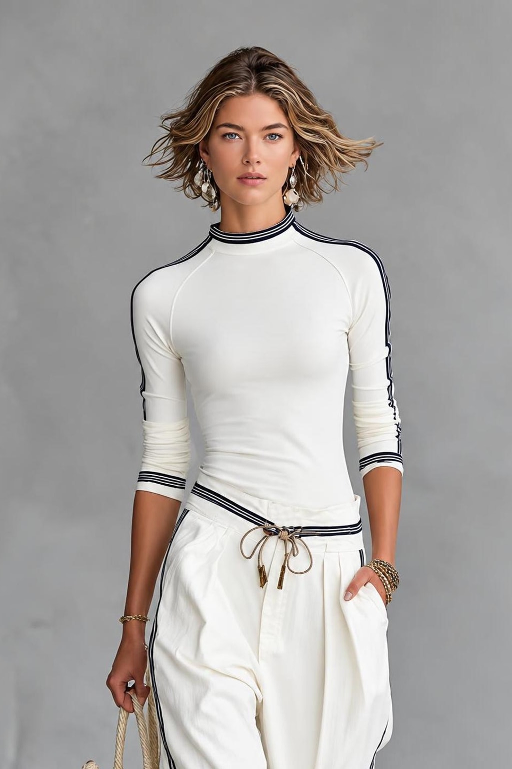 Striped-Trim Two-Piece Set With Wide-Leg Pants - 4
