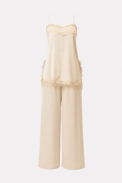 Beige Lace-Trim Cami and Wide-Leg Pants Set