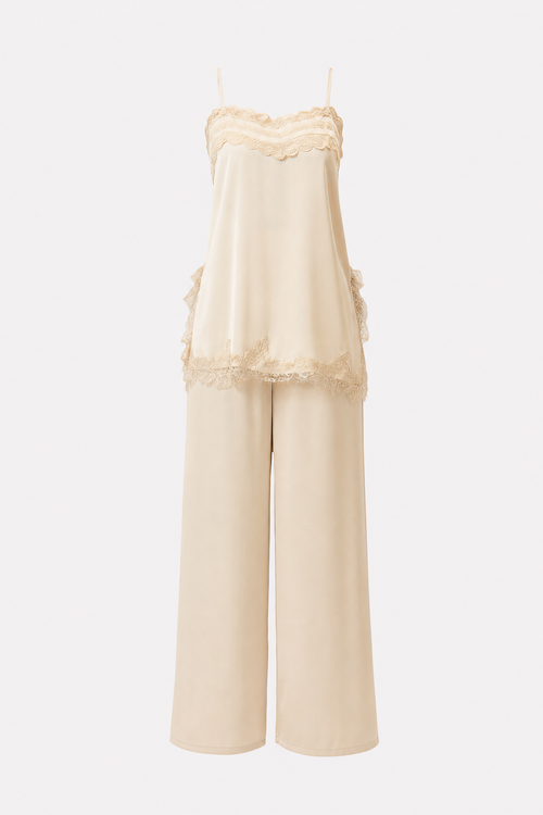 Beige Lace-Trim Cami and Wide-Leg Pants Set