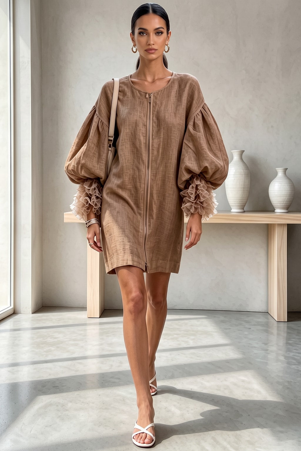Polyester Mini Dress With Pleated Balloon Sleeves - 6