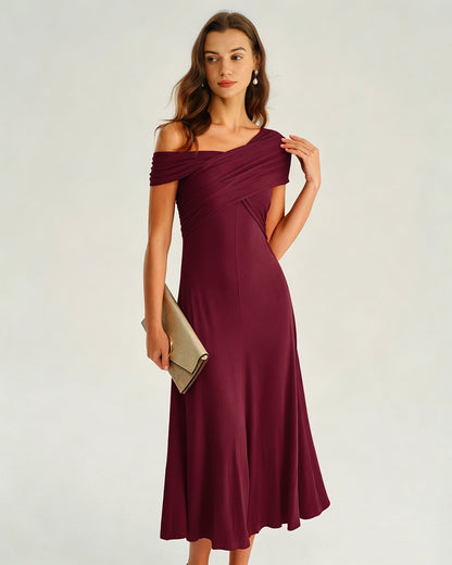 One-Shoulder Ruched Midi Dress in Wine Red - view 5