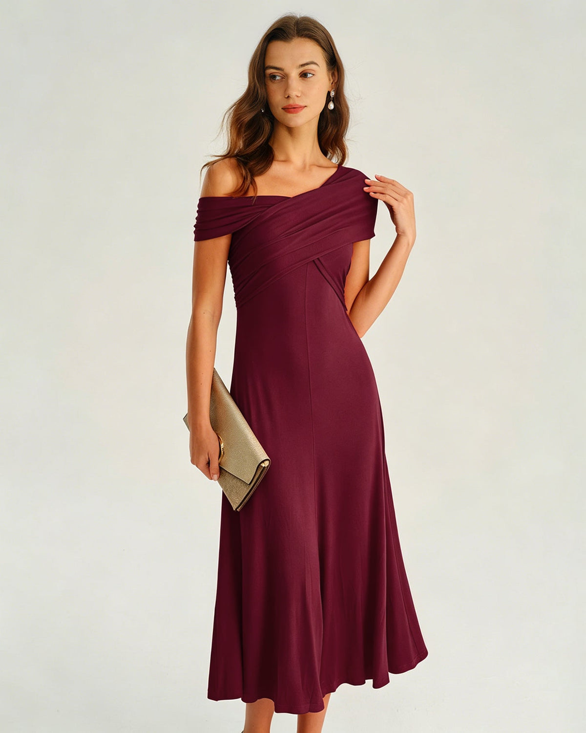 One Shoulder Ruched Midi Dress Wine Red A-Line - 5