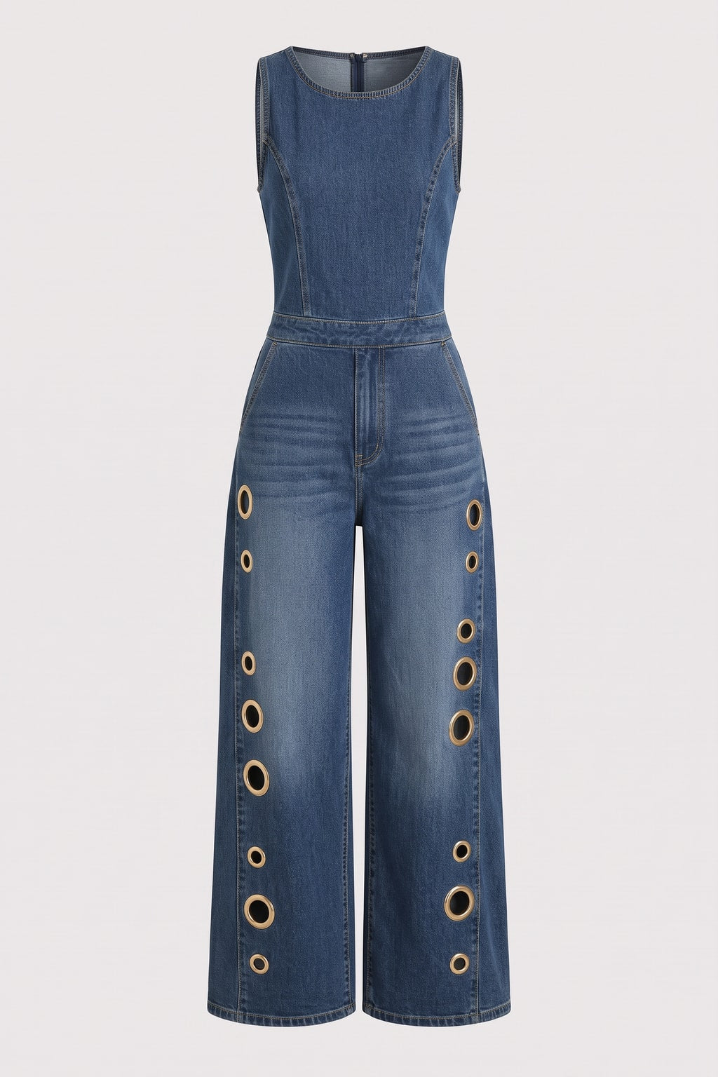 Cotton Denim Wide Leg Jumpsuit With Cutout Waist - 1