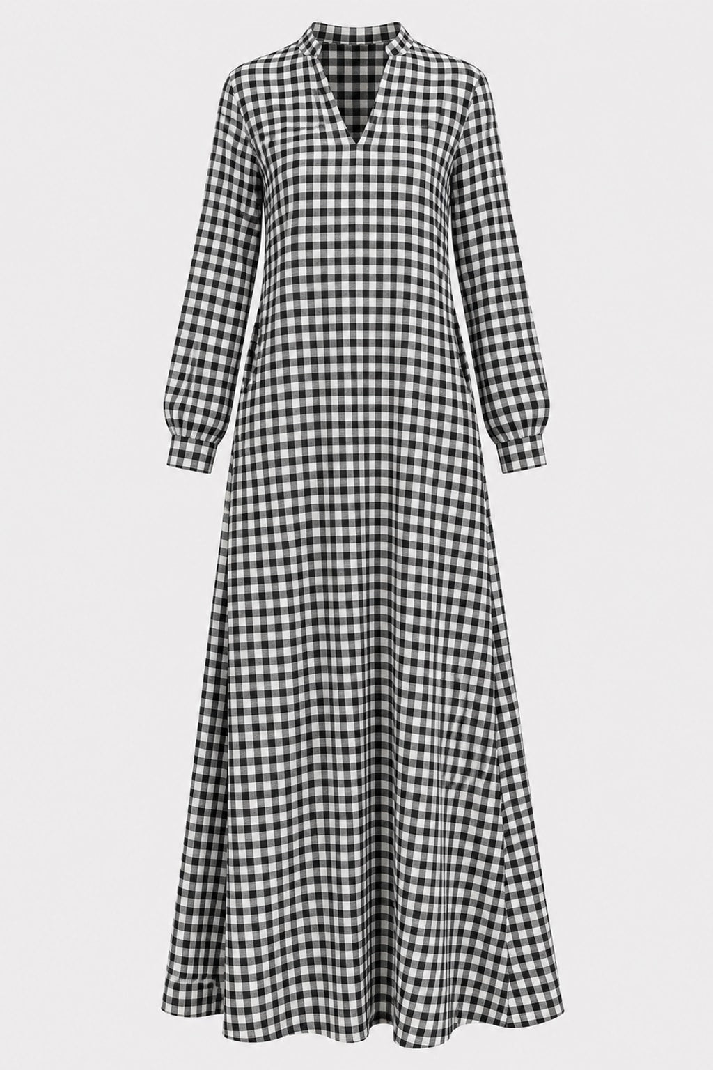Cotton Maxi Dress Plaid V-Neck Long Sleeve - 1