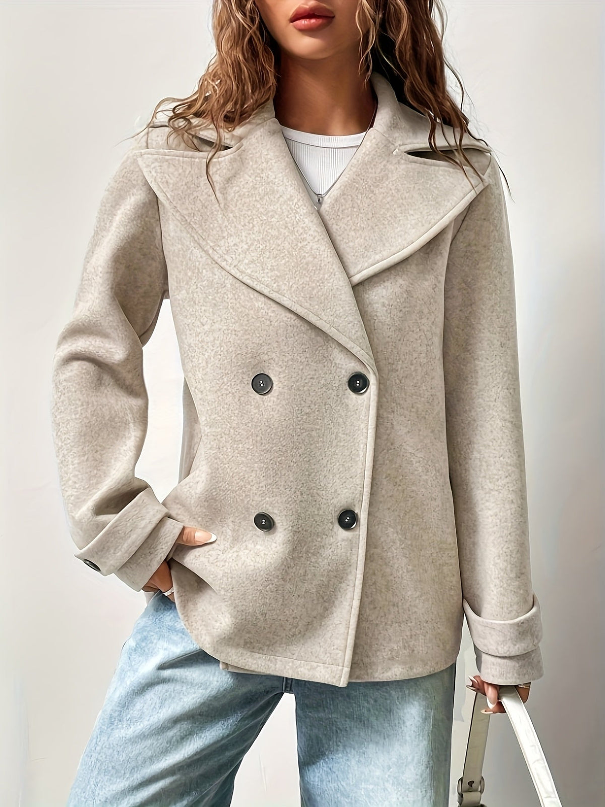 Beige wool blend pea coat with notched collar - view 7