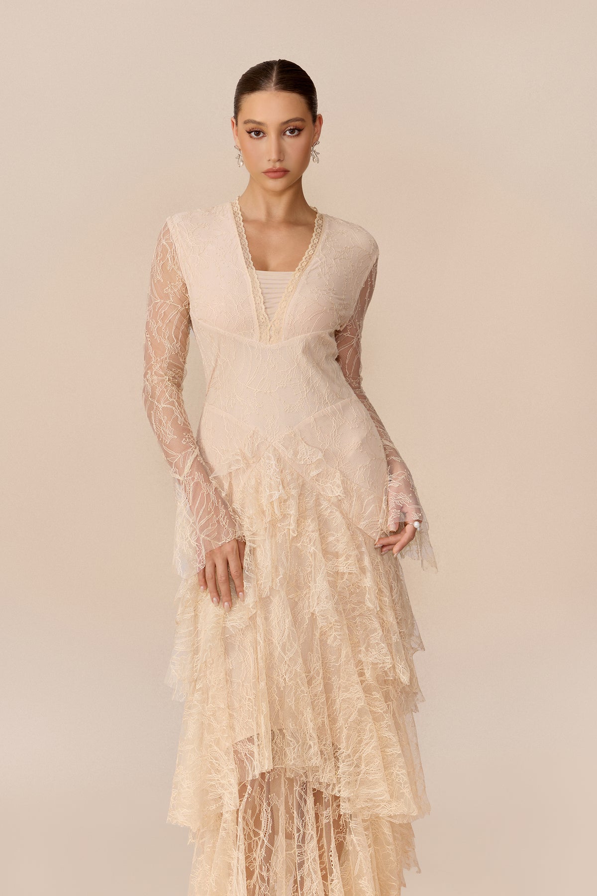 Beige sheer lace tiered ruffle maxi dress - view 3
