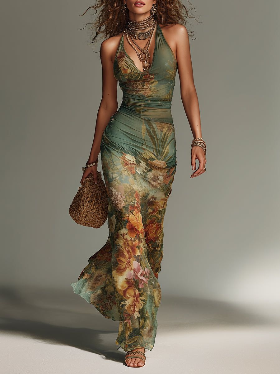 Green Floral Mesh Maxi Dress, Slim Fit - view 2