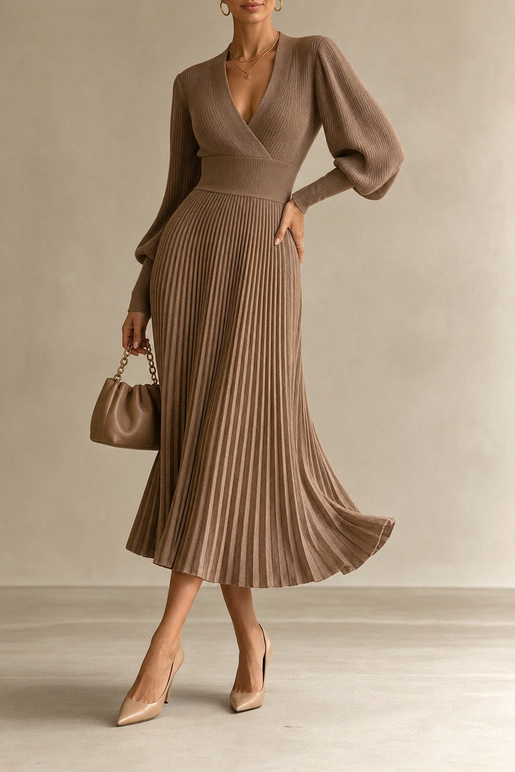 Balloon Sleeve V-Neck Midi Dress - 2