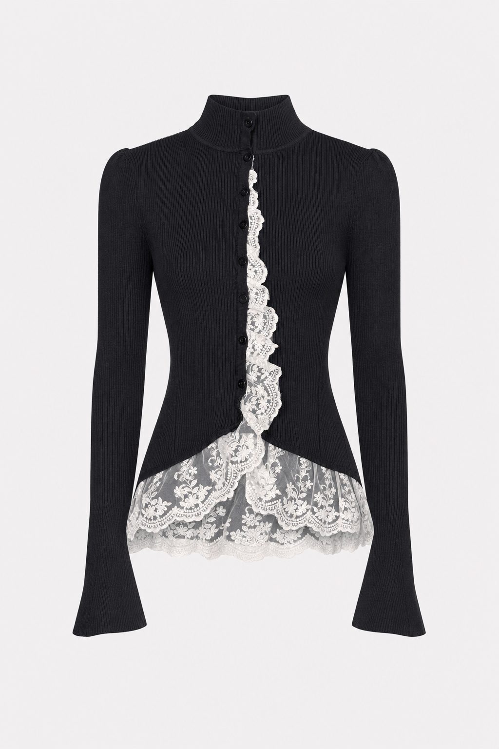 Navy ribbed mock neck cardigan with lace trim