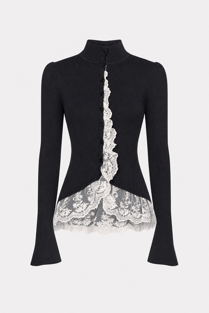 Navy ribbed mock neck cardigan with lace trim