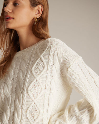 Beige ribbed cable knit round neck sweater - view 3
