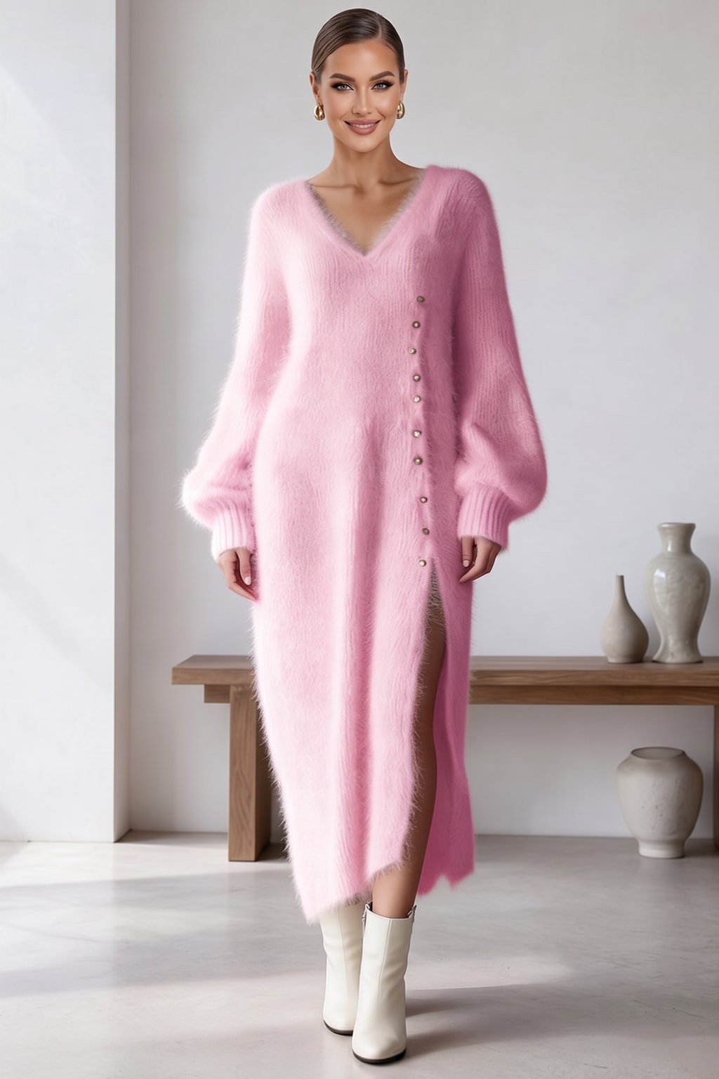 Knit Sweater Midi Dress With Balloon Sleeves - 5