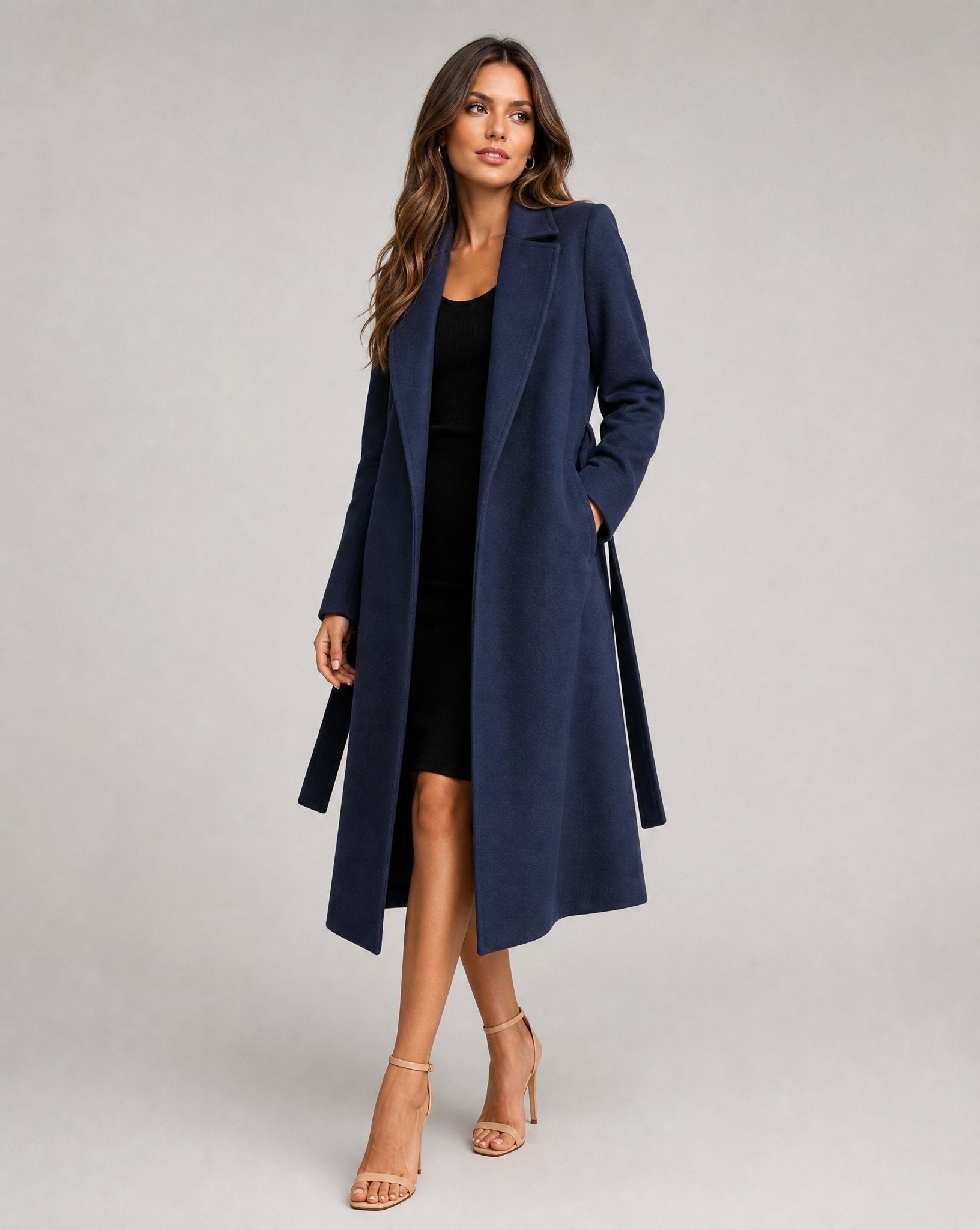 Navy wool blend trench coat with belted waist - view 2