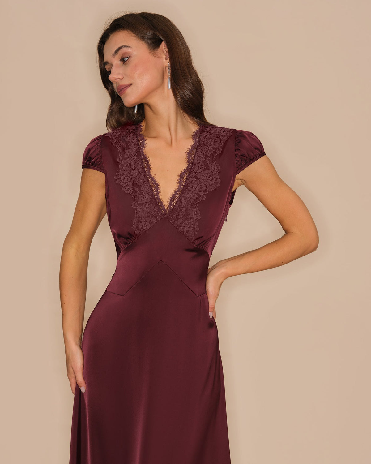 Wine Red V-Neck Lace Maxi Dress Flattering A-Line Fit - 3