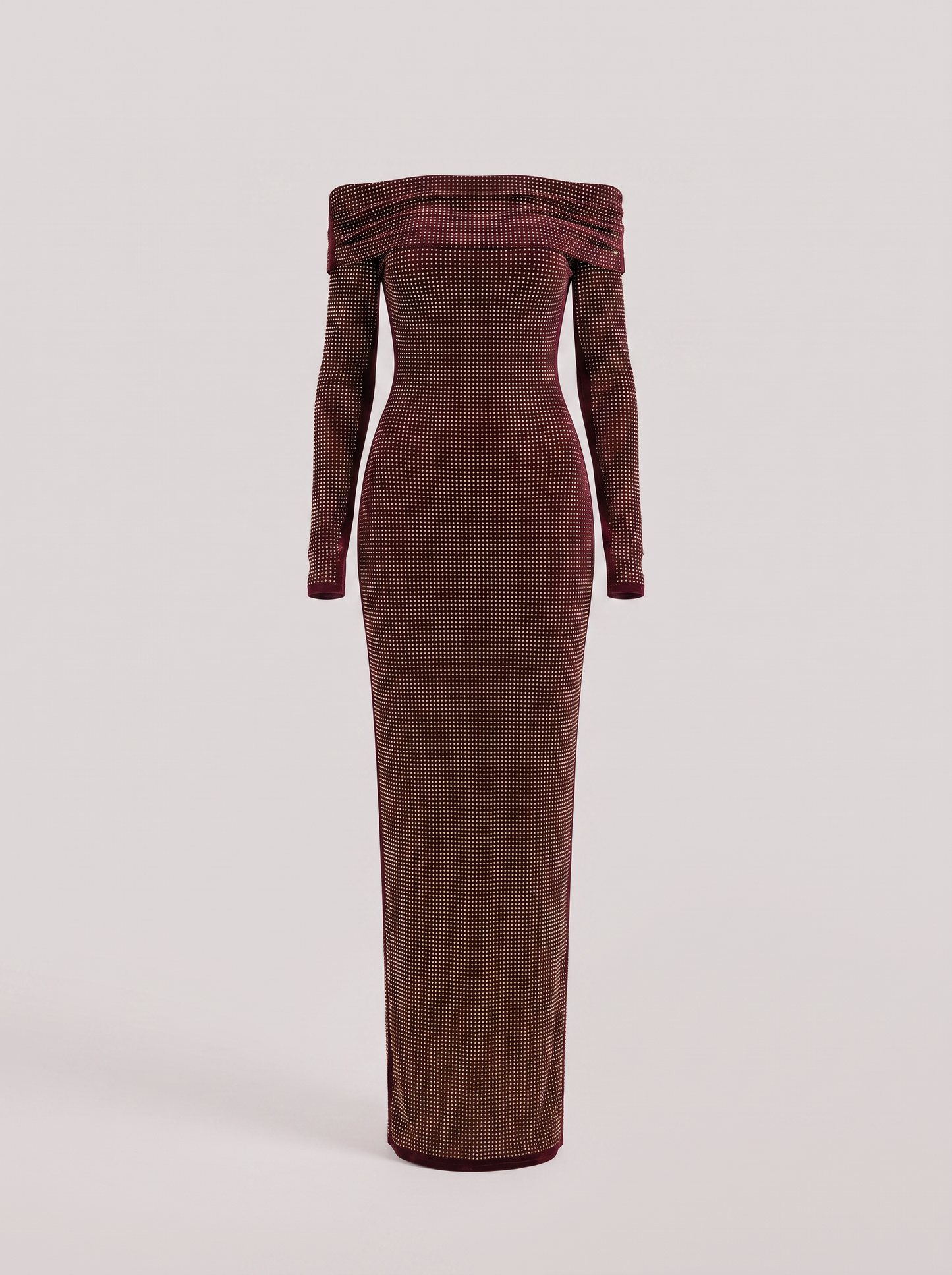 Burgundy rhinestone mesh off-shoulder maxi dress