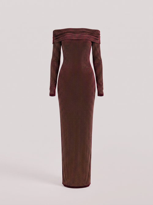 Burgundy rhinestone mesh off-shoulder maxi dress