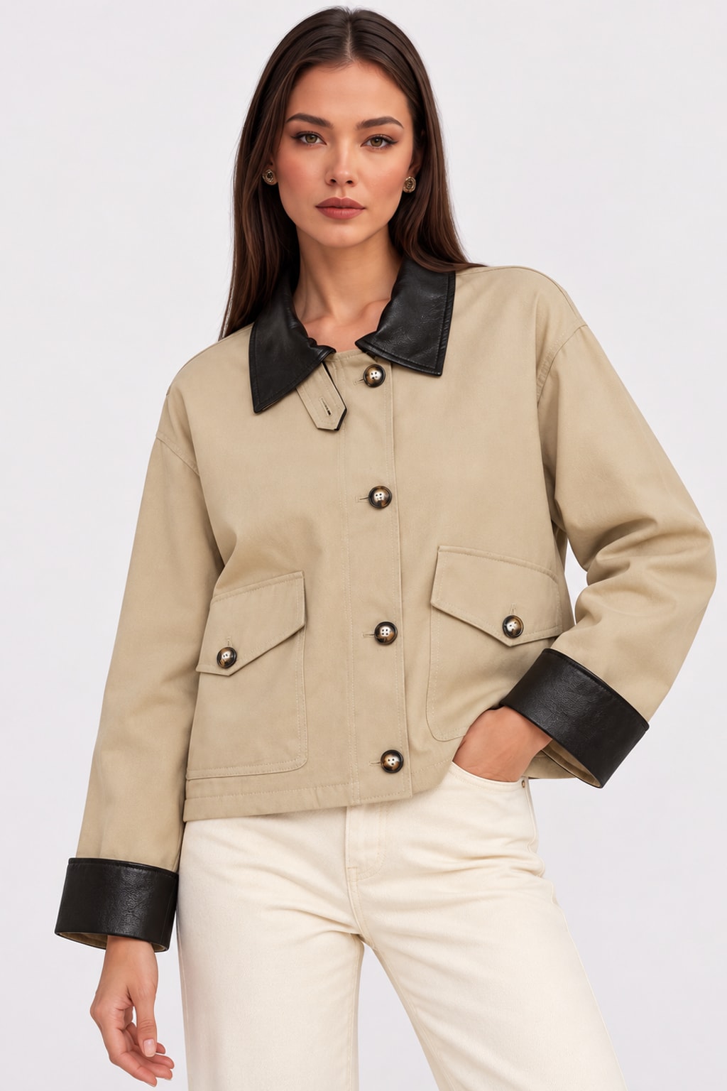 Polyester Jacket Turn-Down Collar Zip-Up Coat - 1
