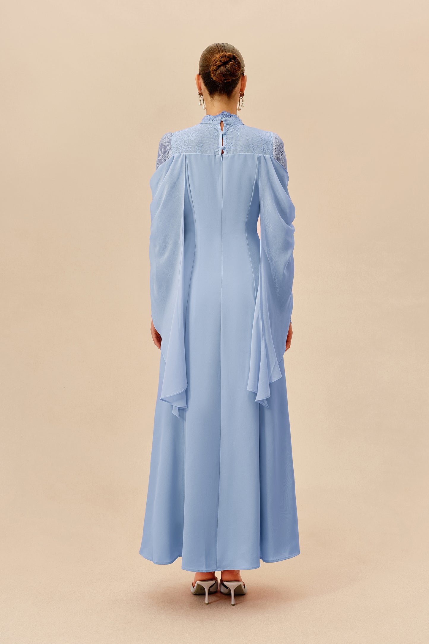 Blue Floral Chiffon Maxi Dress with Ruffle Sleeves - view 4