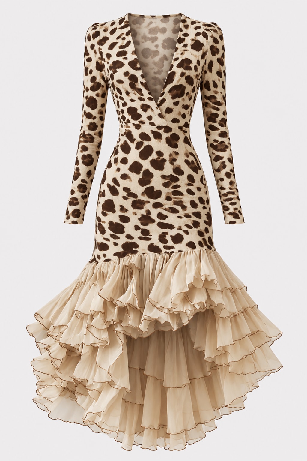 Synthetic Fiber Bodycon Dress Leopard Print Ruffle Hem - 1