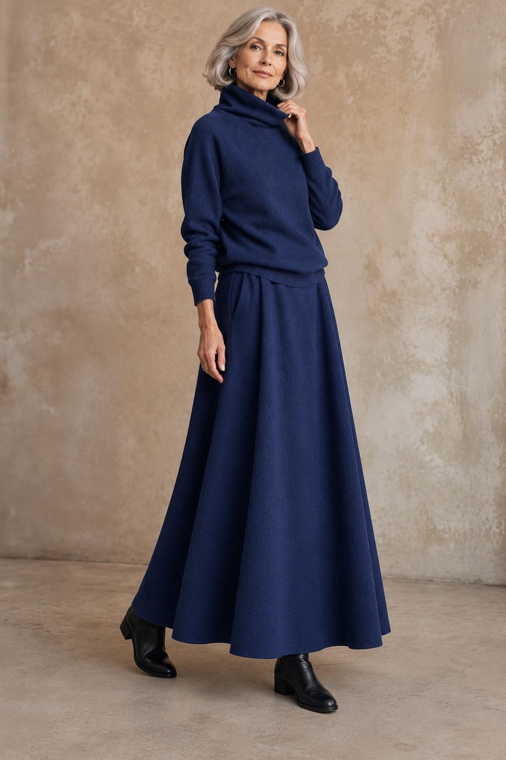 Fleece Knit Turtleneck Sweater And Maxi Skirt Set - 7