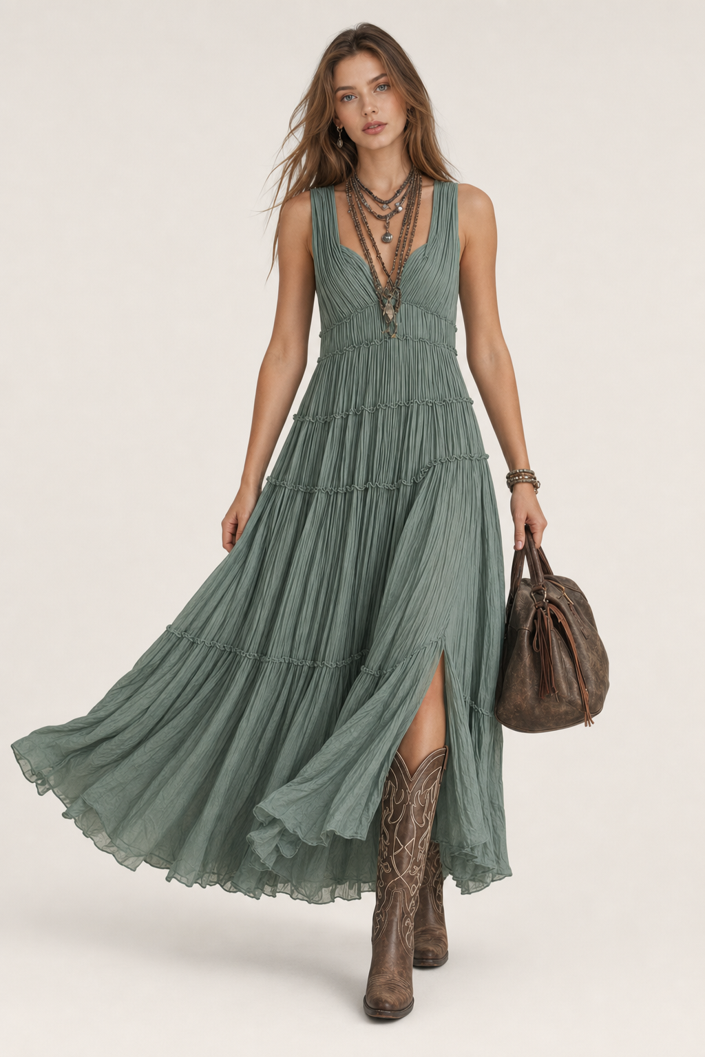 Pleated V-Neck Maxi Dress With Tiered Skirt - view 2