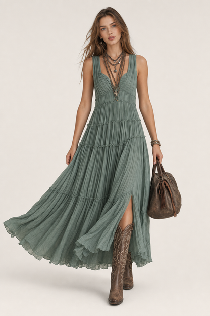 Pleated V-Neck Maxi Dress With Tiered Skirt - view 2