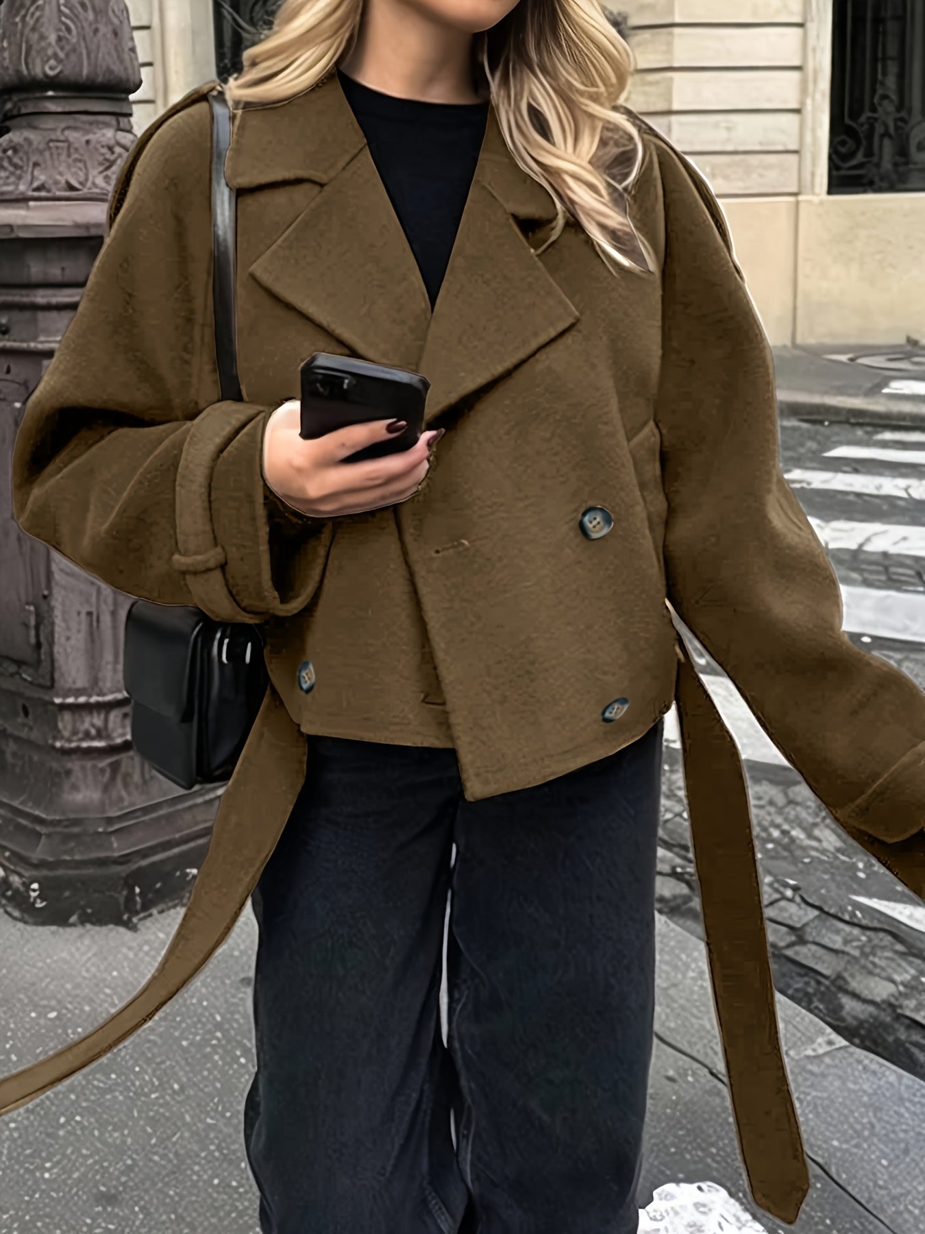 Coffee brown wool blend belted pea coat - view 2