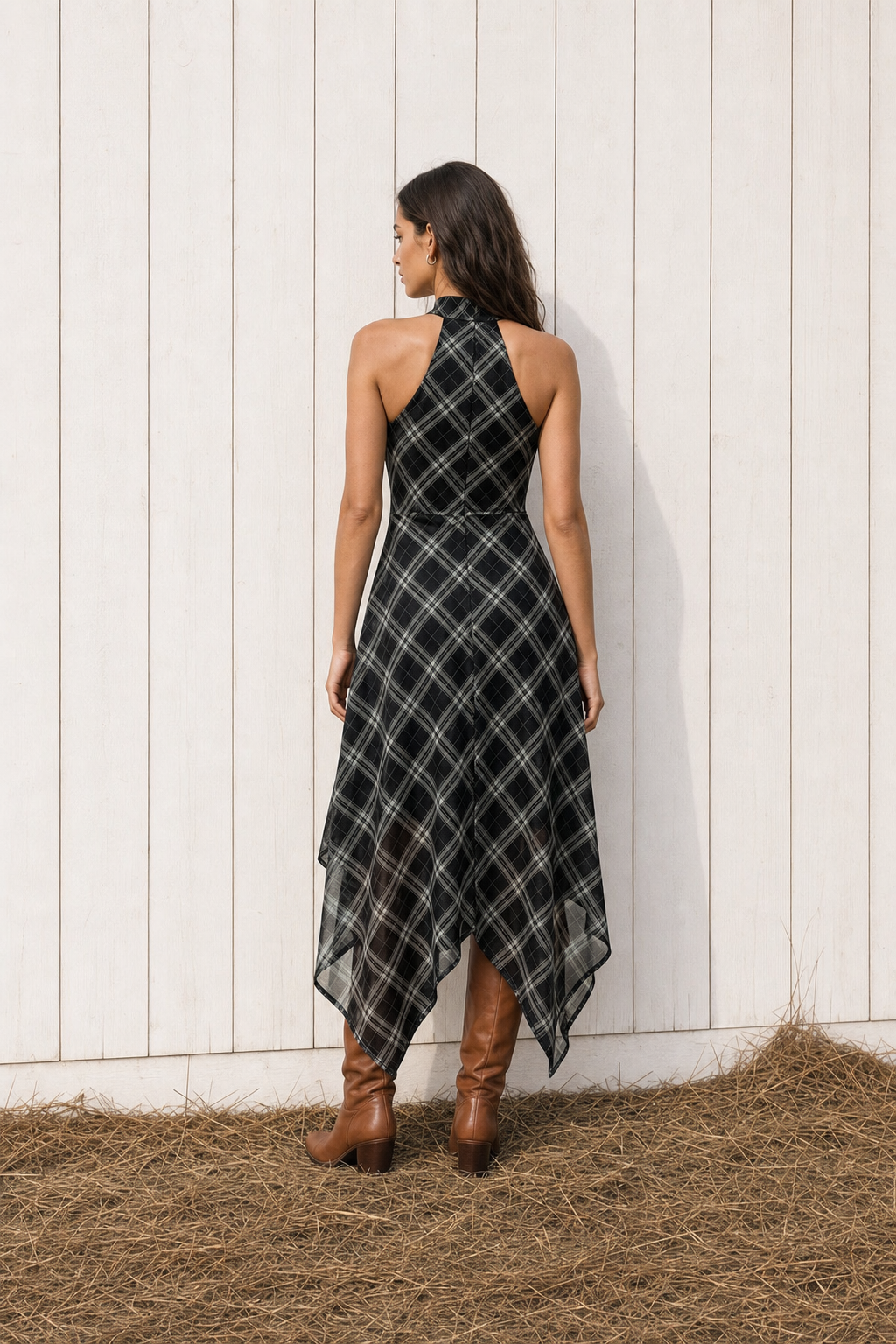 Plaid Jersey Halter Maxi Dress - view 3