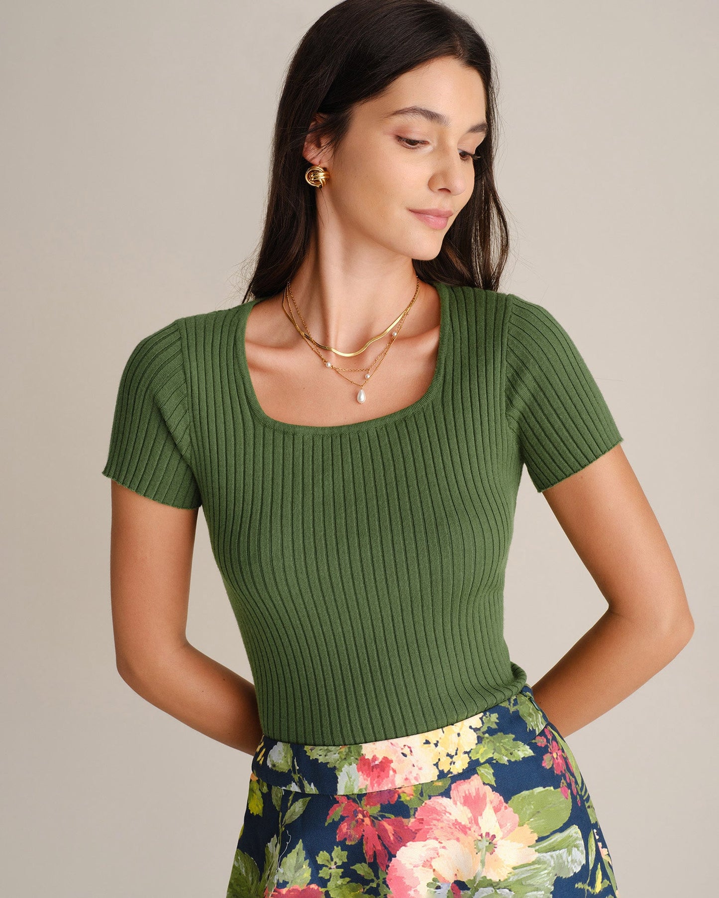 Green square neck ribbed knit tee - view 2