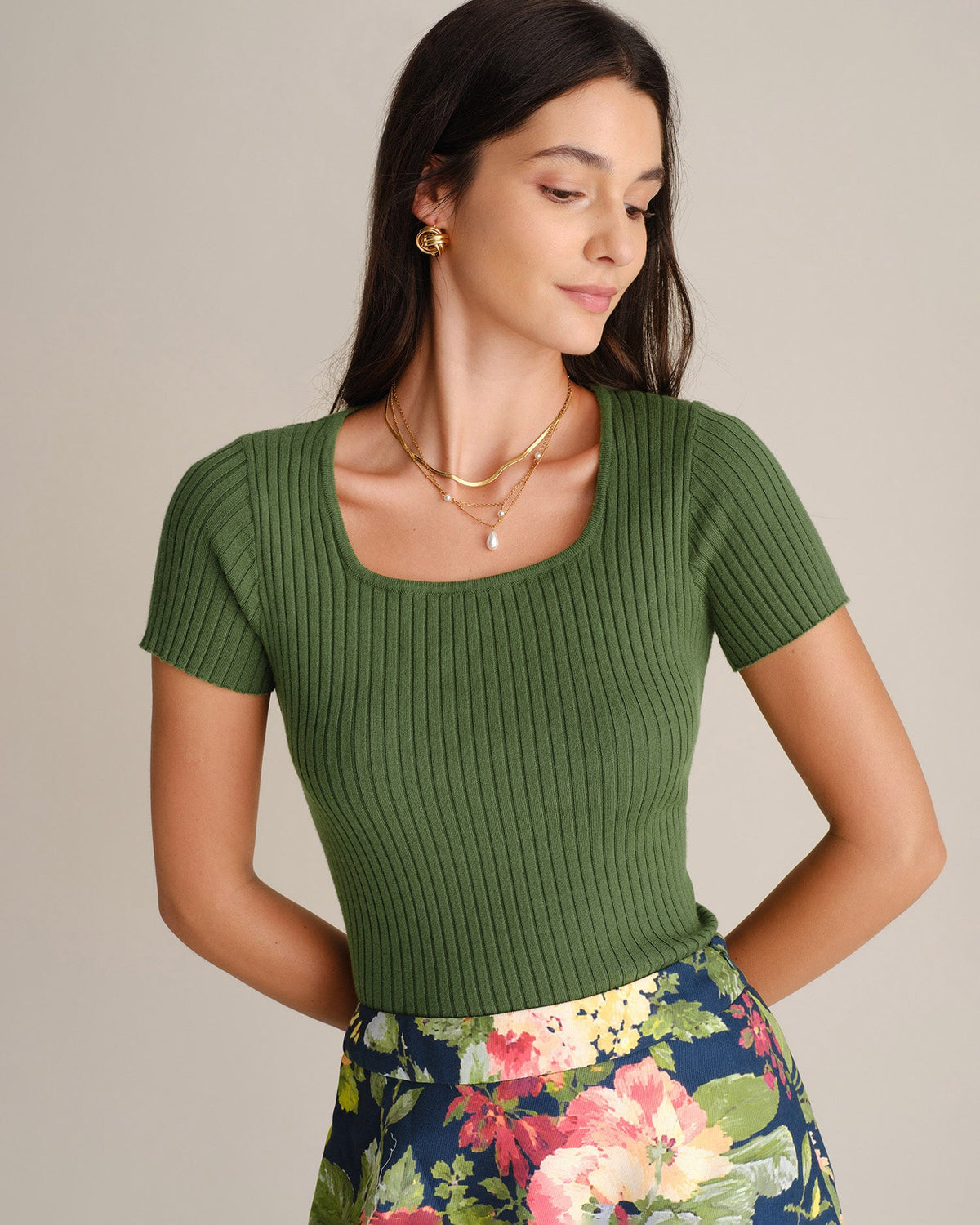 Square Neck Ribbed Knit Tee with Slim Stretch Fit - 2